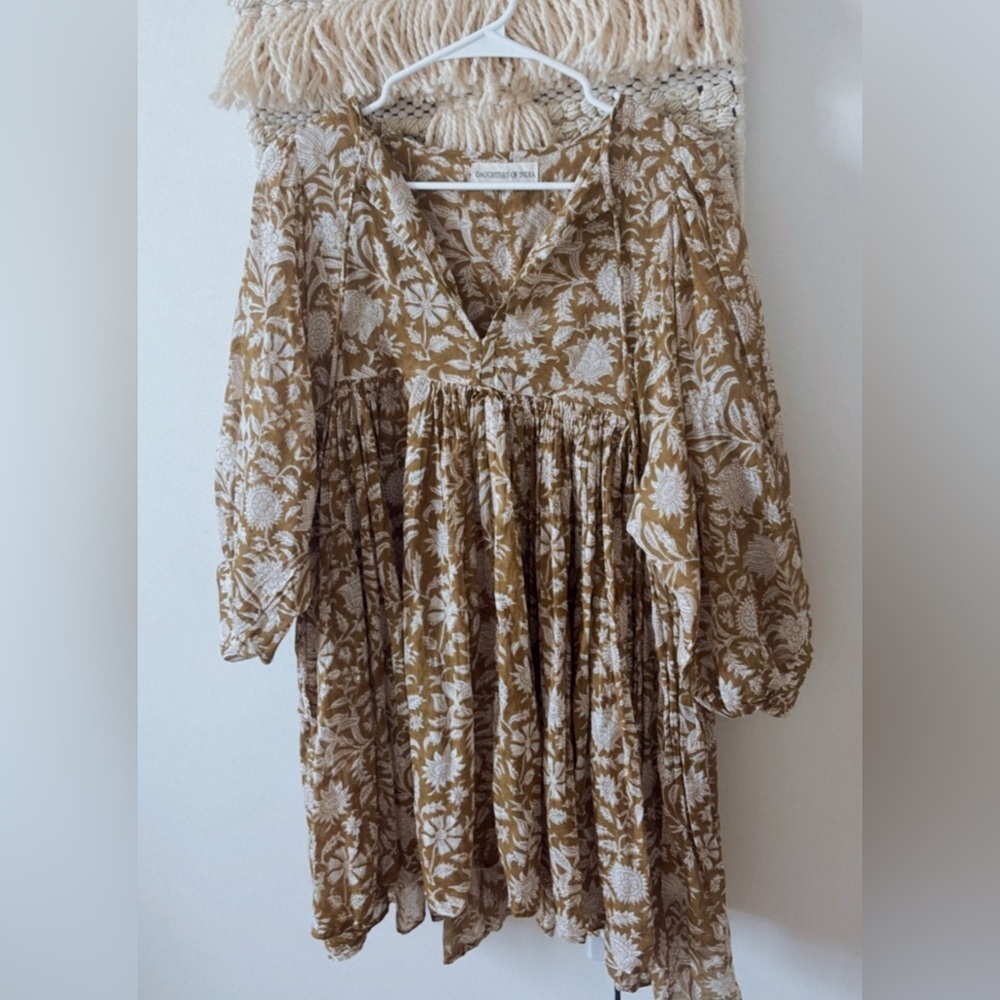 Daughters Of India Kyra Midi Dress Balloon Sleeve Olive Green XS Cotton Boho - Picture 3 of 7